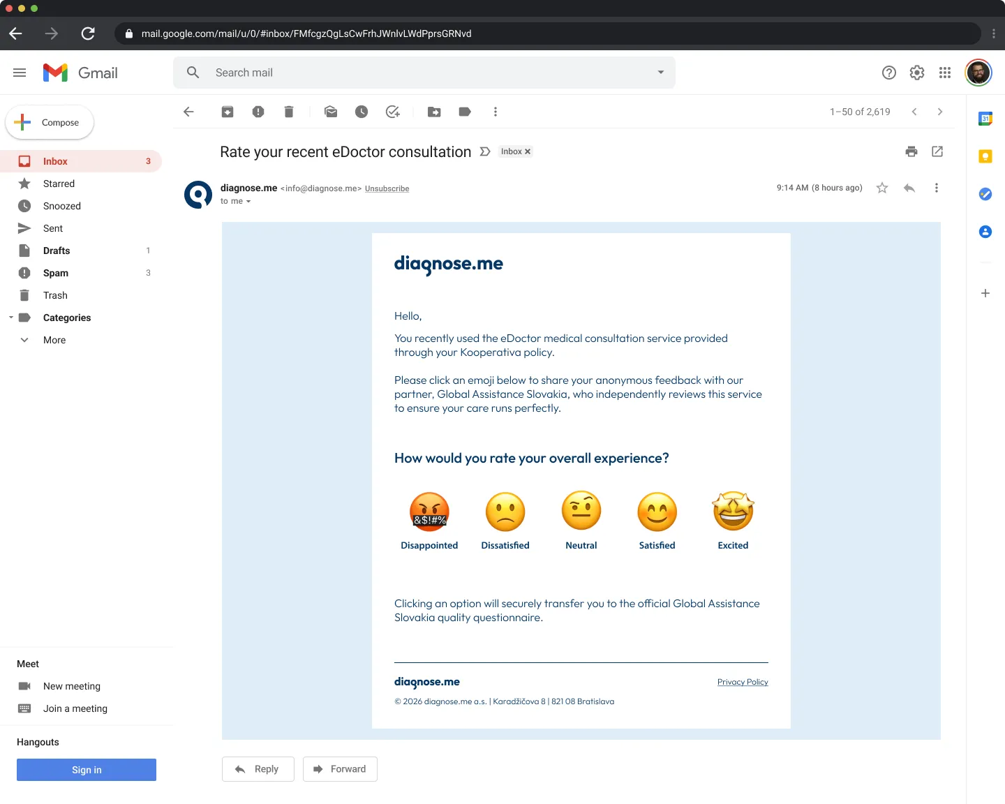 Diagnose.me email in Gmail with the subject "Rate your recent eDoctor consultation," a 5-emoji satisfaction scale (Disappointed → Excited), and intro copy framing the partnership with Global Assistance Slovakia as an independent service reviewer