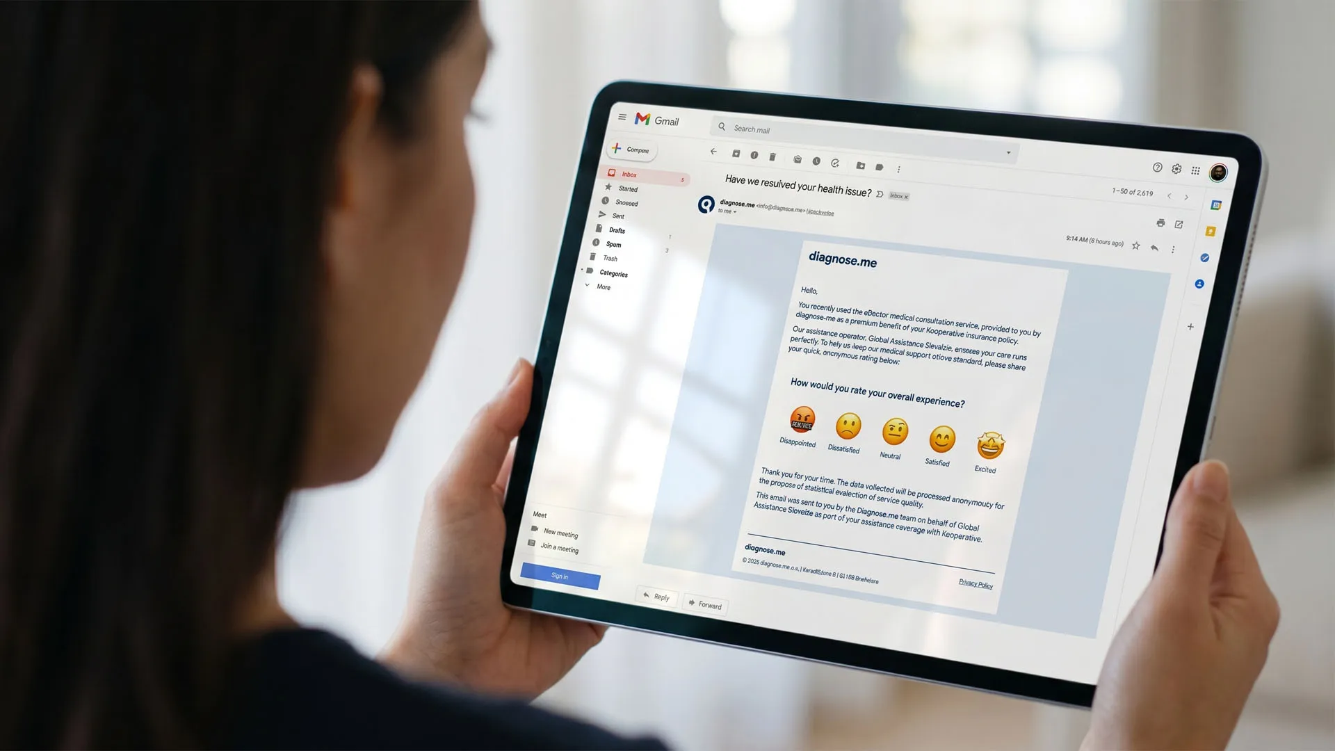 Three-frame view of the feedback engine: Diagnose.me email with 5-emoji satisfaction scale, Global Assistance positive questionnaire with tag pills, and exit screen with a Copy & Go to Google Reviews CTA