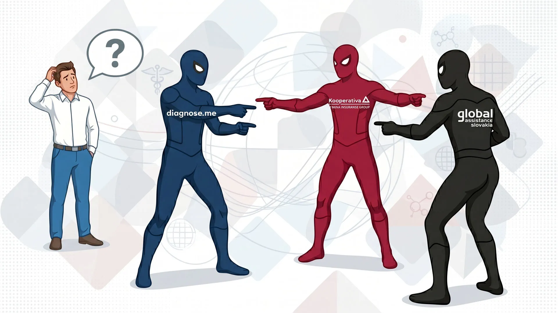 Three nearly-identical Spider-Man figures in different brand colors — diagnose.me in blue, Kooperativa in red, and global assistance slovakia in black — each pointing at the others while a confused user stands aside